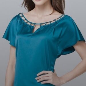 White House Black Market Satin Flutter Short Sleeve Blouse 2X Teal Jewel Tone